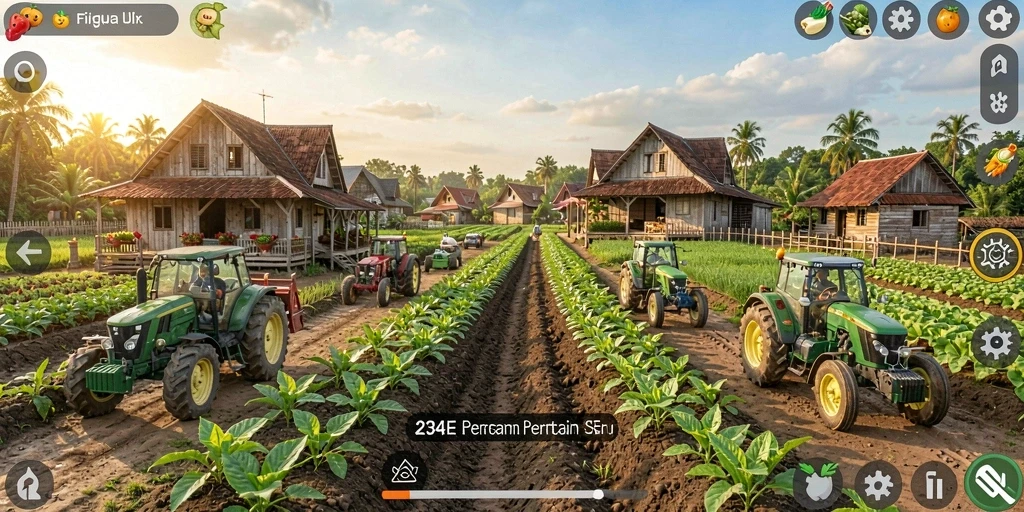 Tampilan gameplay 234E dengan tanaman yang subur dan hewan ternak yang ceria.