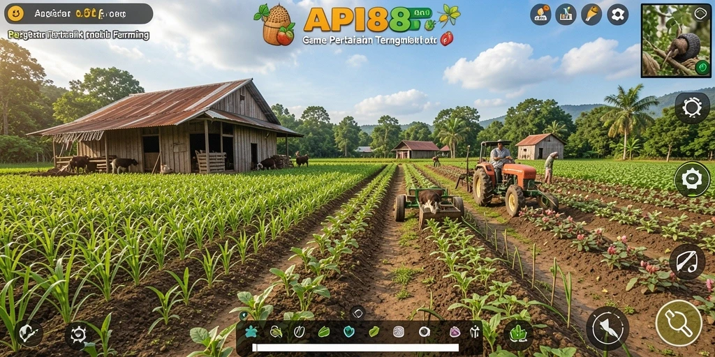 Screenshot gameplay API88 menampilkan ladang pertanian yang subur dan interaksi dengan karakter lain.