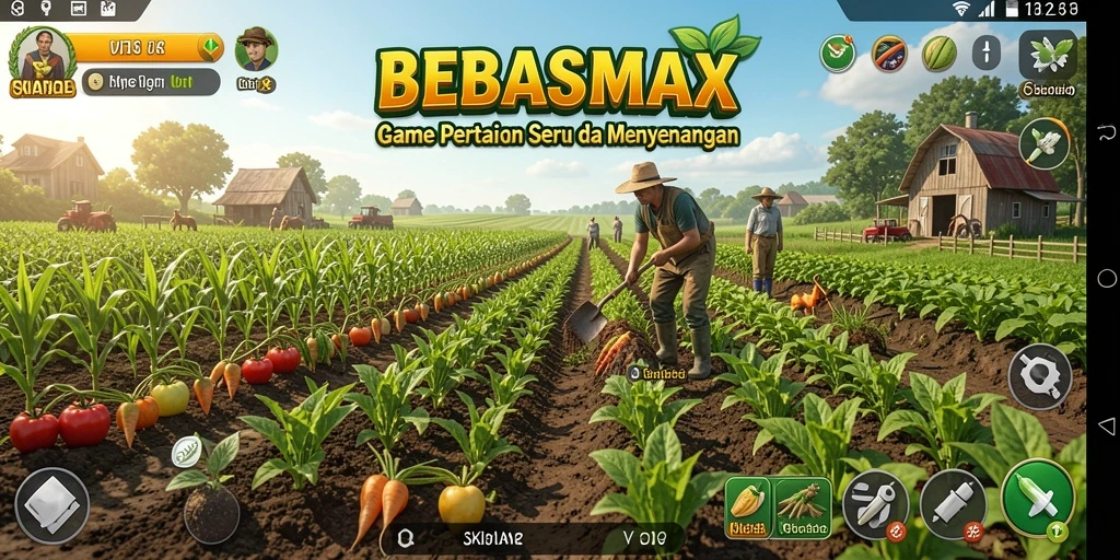 Screenshot utama BEBASMAX menampilkan aktivitas berkebun yang menarik.