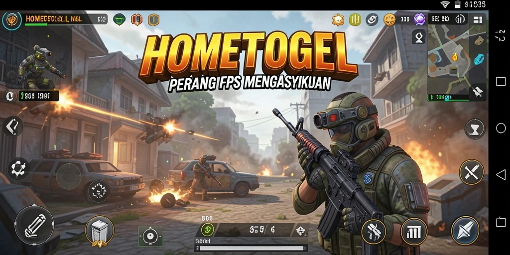 Screenshot utama HOMETOGEL menampilkan pertempuran seru di medan perang FPS.