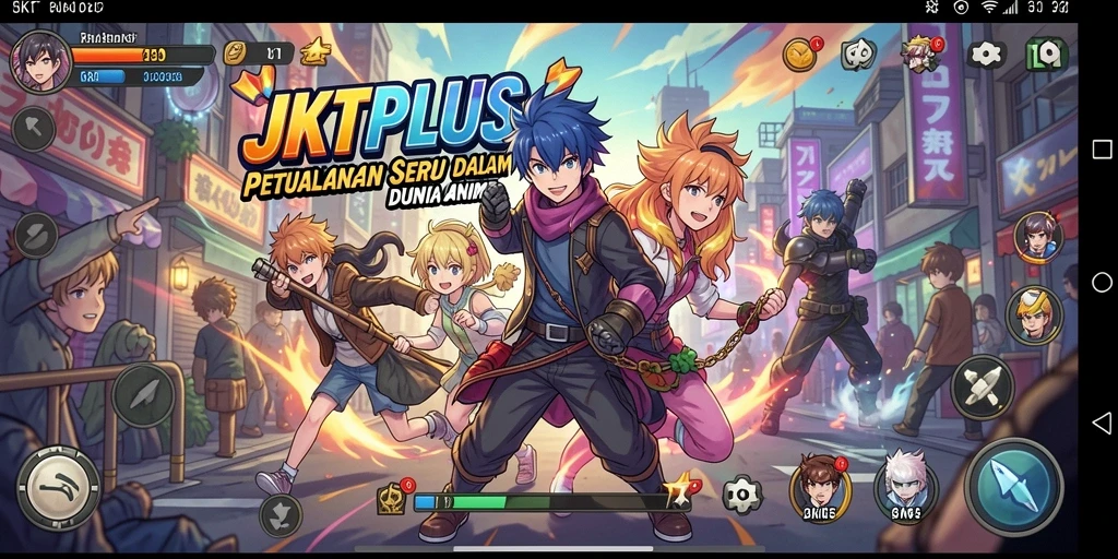 Tampilan gameplay seru dari JKTPLUS dengan karakter anime menarik.