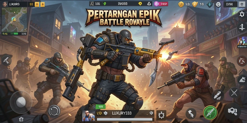 Tangkapan layar utama LUXURY333 menampilkan aksi seru di medan perang Battle Royale.