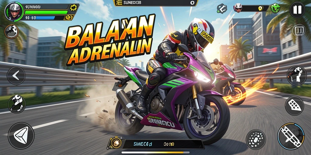 Tampilan gameplay SUNEO138 dengan balapan motor yang seru dan menegangkan.