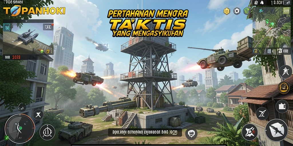 Screenshot gameplay TOPANHOKI menampilkan aksi pertahanan menara yang mendebarkan.